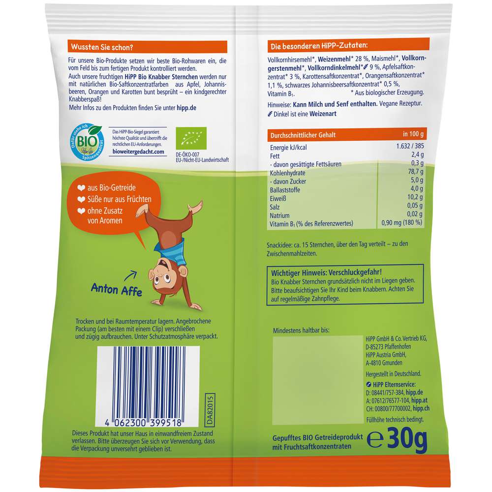 Produktabbildung Hipp Bio Knabber-Sternchen, Apfel, Orange & Johannisbeeren