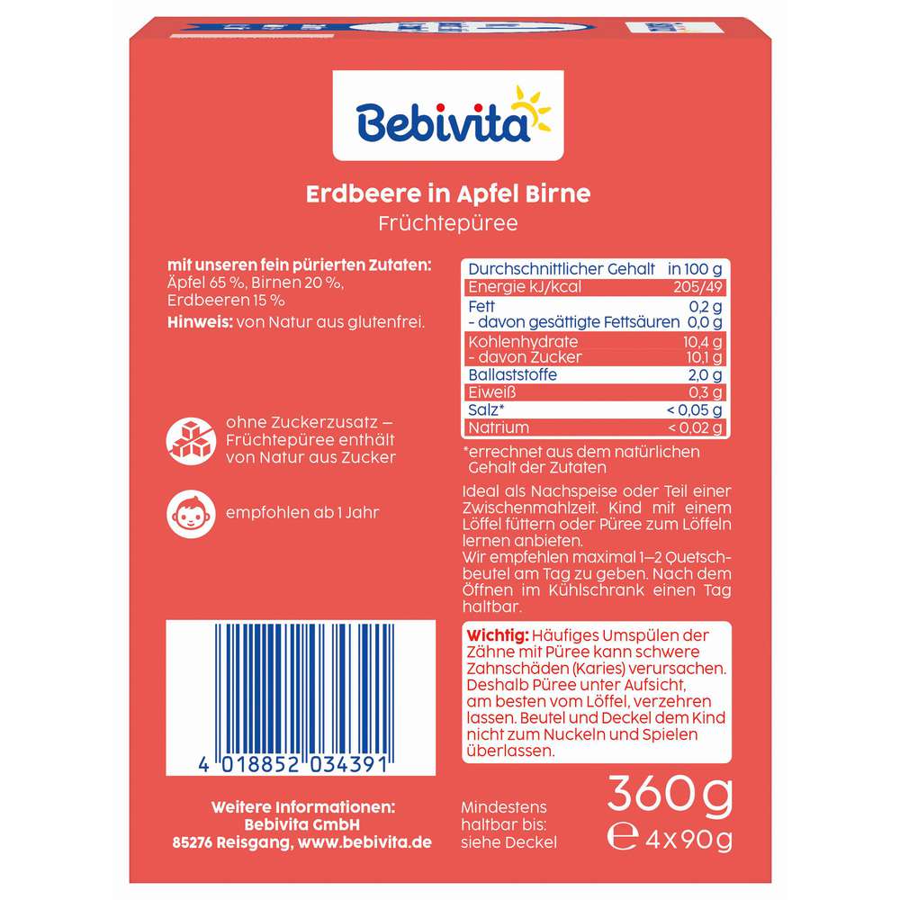 Produktabbildung Bebivita Quetschie, Erdbeere in Apfel Birne, 4er Pack