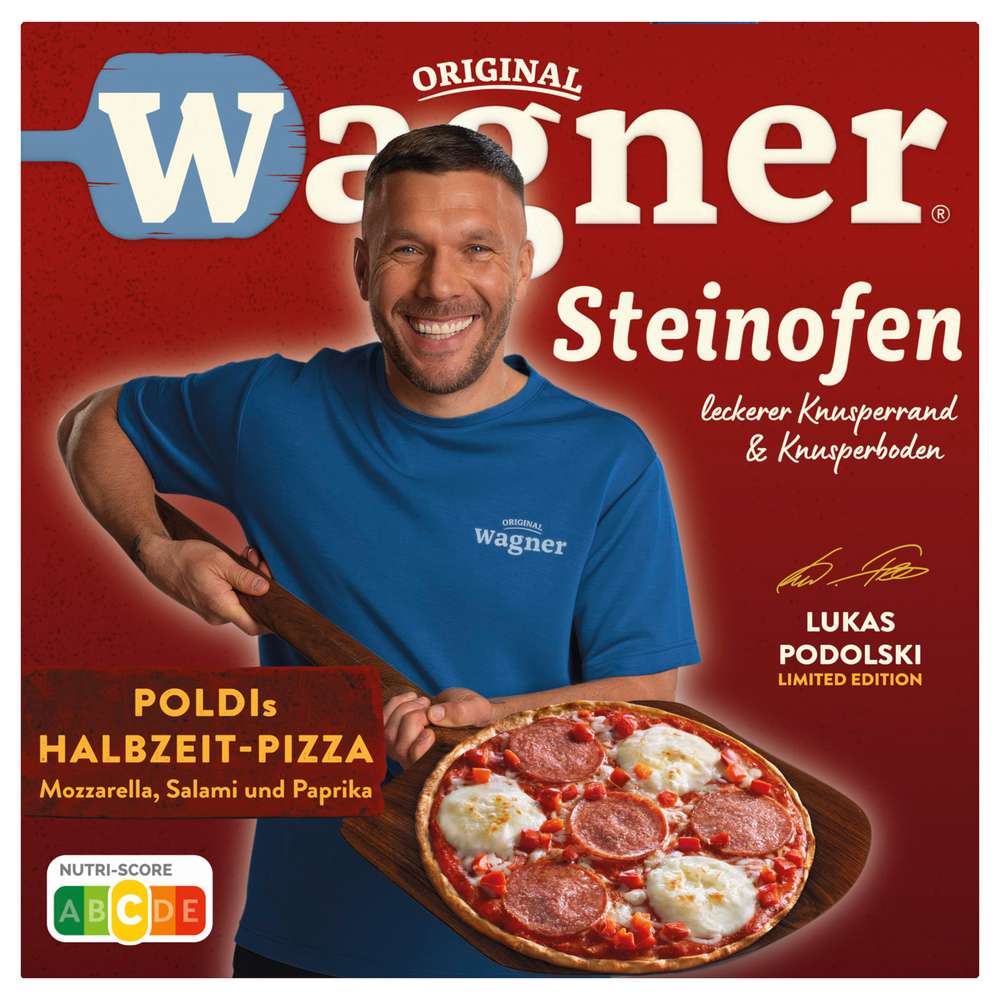 Produktabbildung Wagner Steinofen Pizza Poldis Halbzeit Mozzarella/Salami/Paprika, tiefgekühlt
