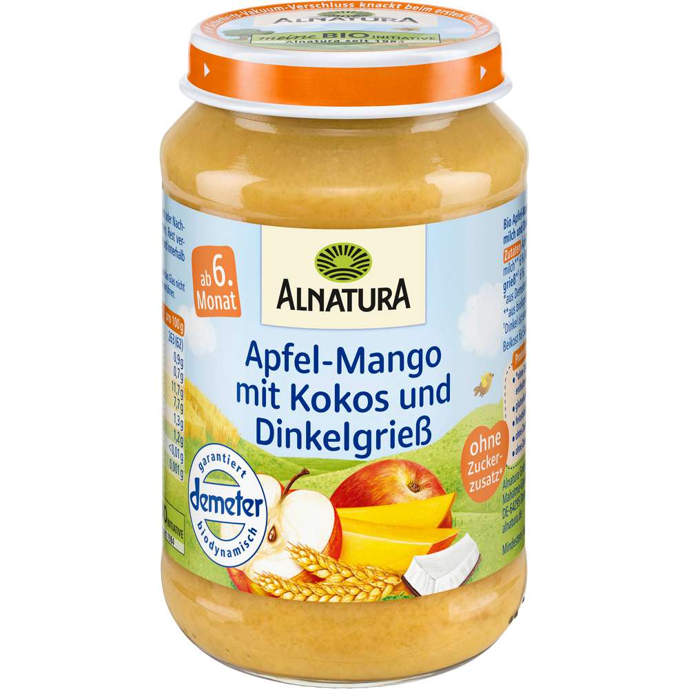 Produktabbildung Alnatura Bio Früchte-Gläschen, Apfel-Mango mit Kokos und Dinkelgrieß, ab dem 6. Monat