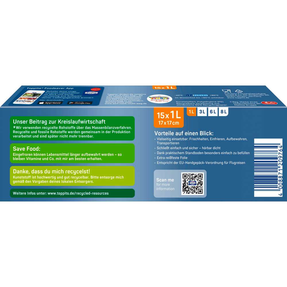 Produktabbildung Toppits Doppelverschluss Gefrierbeutel mit Safeloc-Verschluss, 1l