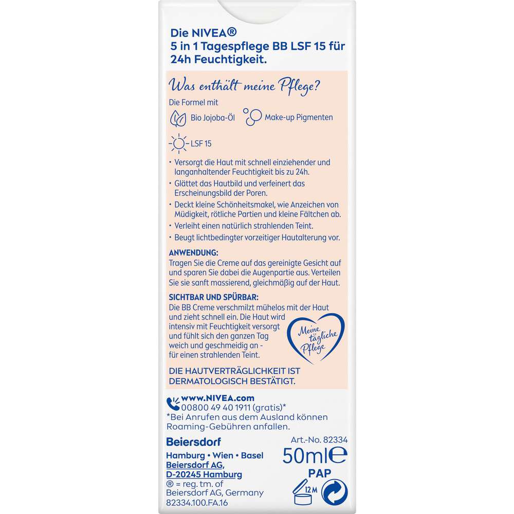 Produktabbildung Nivea BB Cream, 5 in 1 Tagespflege LSF 15, mittlerer bis dunkler Hauttyp