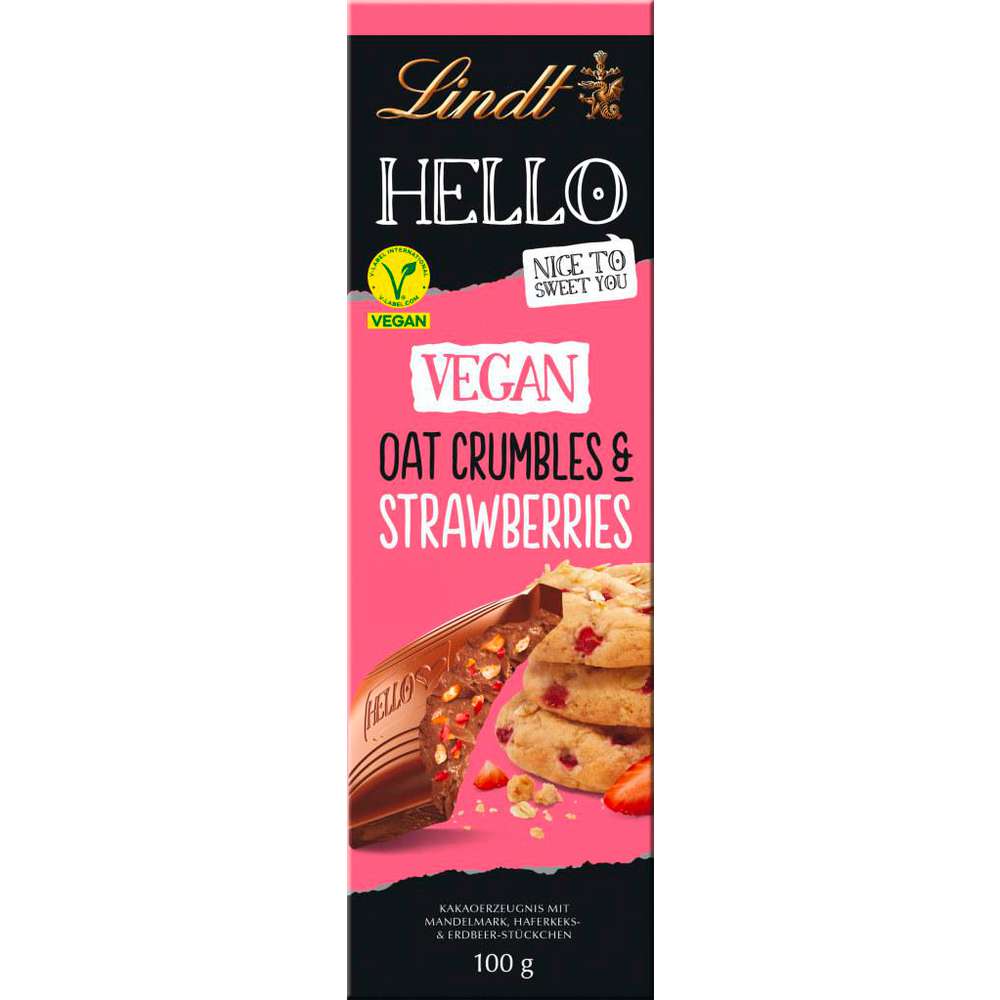 Produktabbildung Lindt Hello Tafelschokolade, Oat Crumble & Strawberry, Hafer-Drink, Vegan