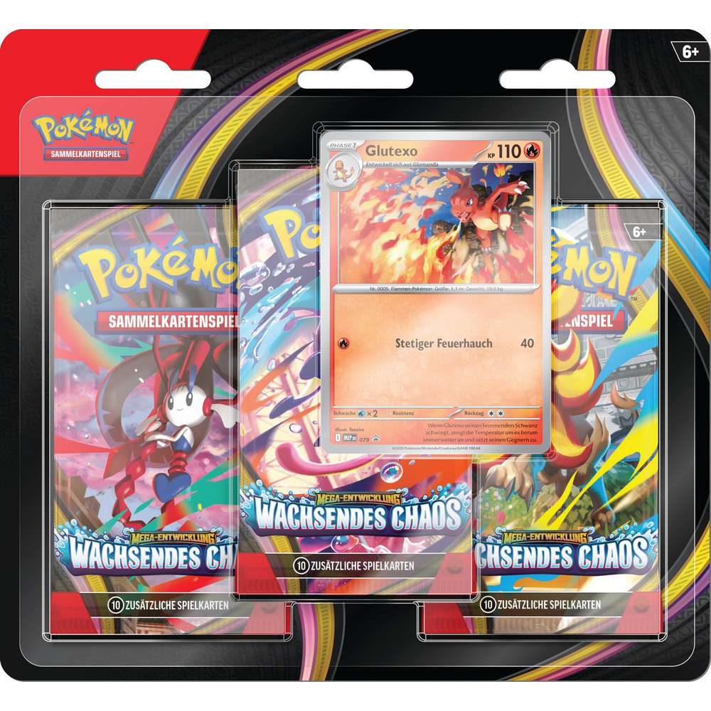 Produktabbildung Pokémon Sammelkarten Mega-Entwicklung Wachsendes Chaos ME04 3-Pack-Blister