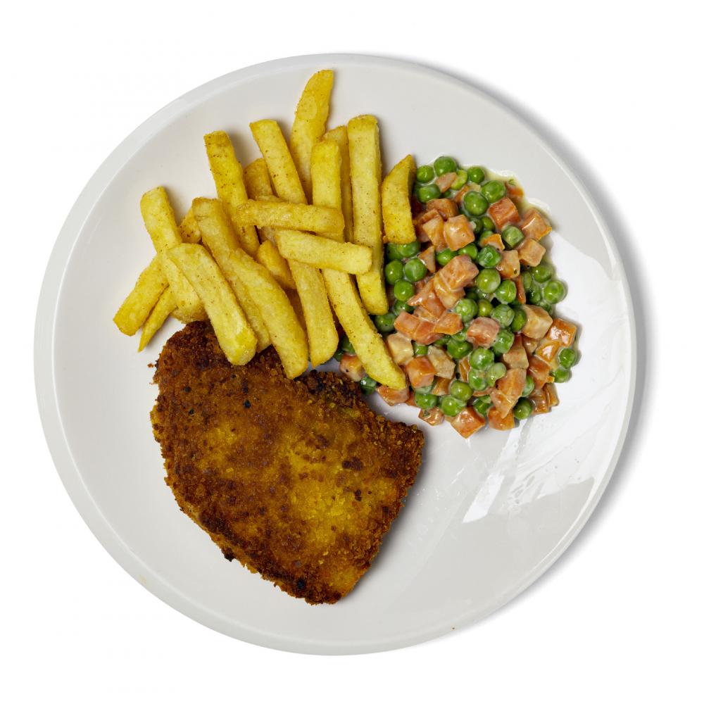 Produktabbildung GLOBUS Tagesgericht Montag: Cordon bleu vom Schwein mit Erbsen-Möhrengemüse, dazu Pommes frites