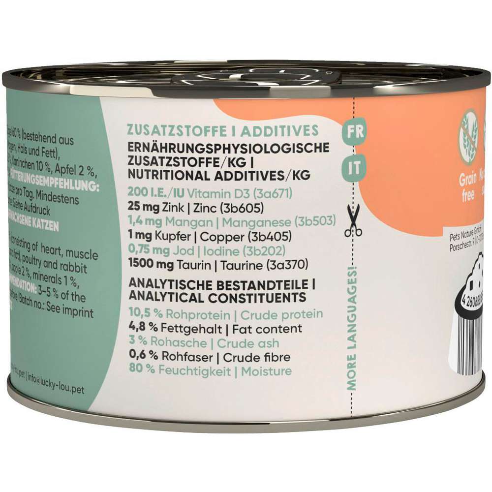 Produktabbildung Lucky Lou Katzen-Nassfutter, Geflügel & Kaninchen mit Apfel