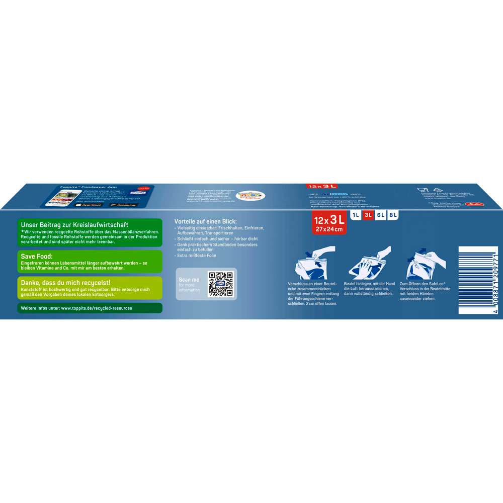 Produktabbildung Toppits Doppelverschluss Gefrierbeutel mit Safeloc-Verschluss, 3l