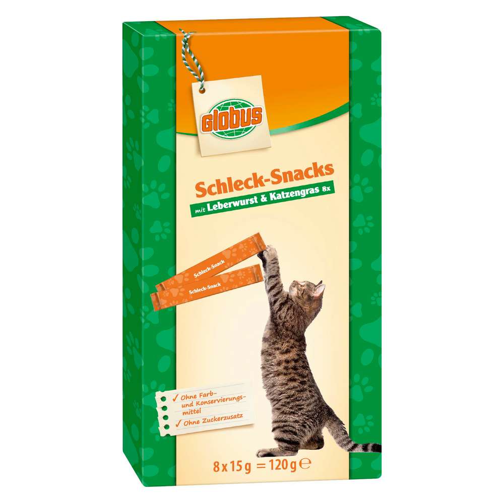 Produktabbildung GLOBUS Katzen-Snack Schleck, Leberwurst & Katzengras