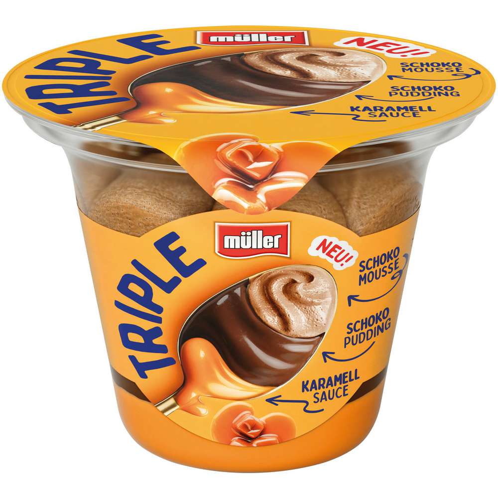 Produktabbildung Müller Triple Dessert, Schokomousse/Schoko Pudding/Karamellsauce