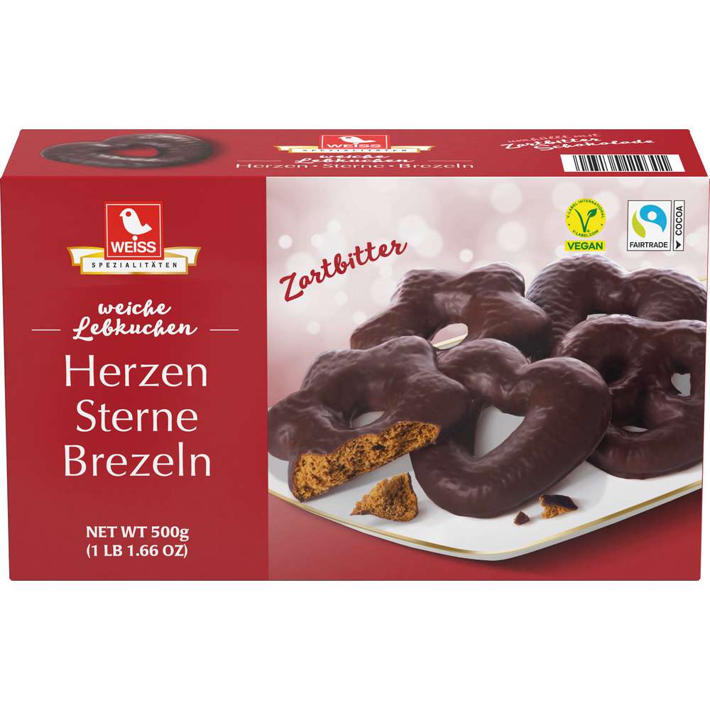 Produktabbildung Weiss Lebkuchen Herzen/Sterne/Brezeln, Zartbitter