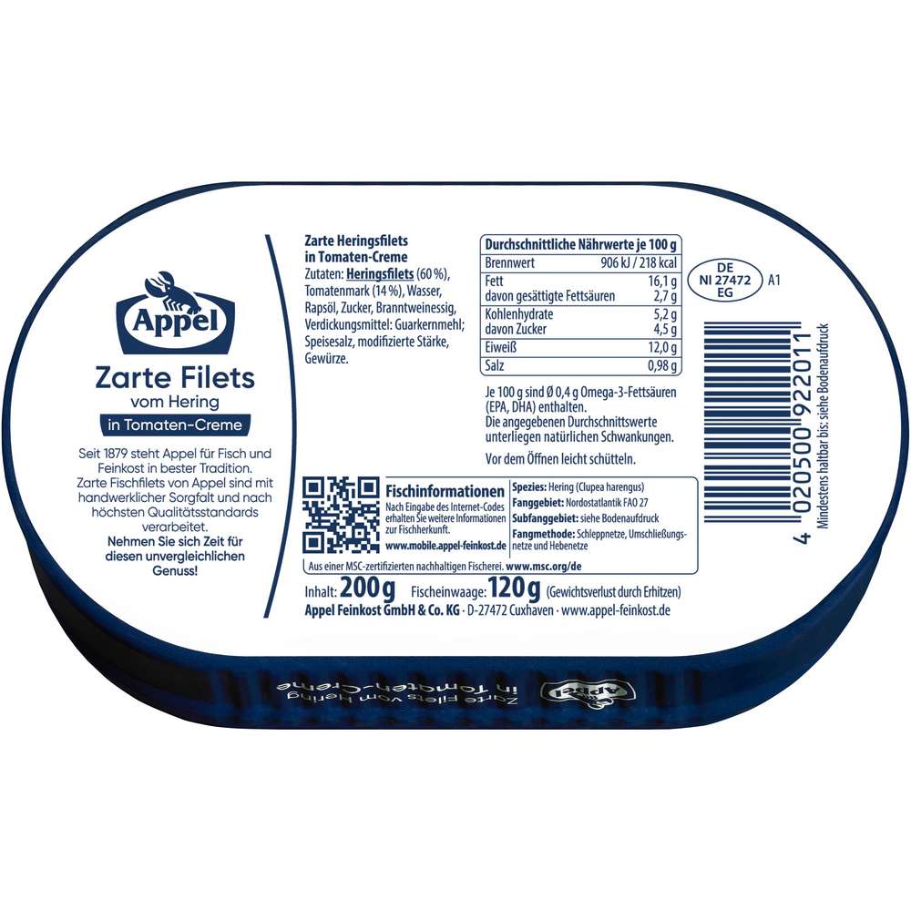 Produktabbildung Appel Heringsfilets in Tomaten-Creme
