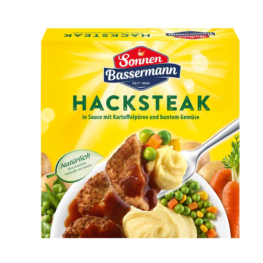 Produktabbildung Sonnen Bassermann Hacksteak in Sauce mit Kartoffelpüree und buntem Gemüse