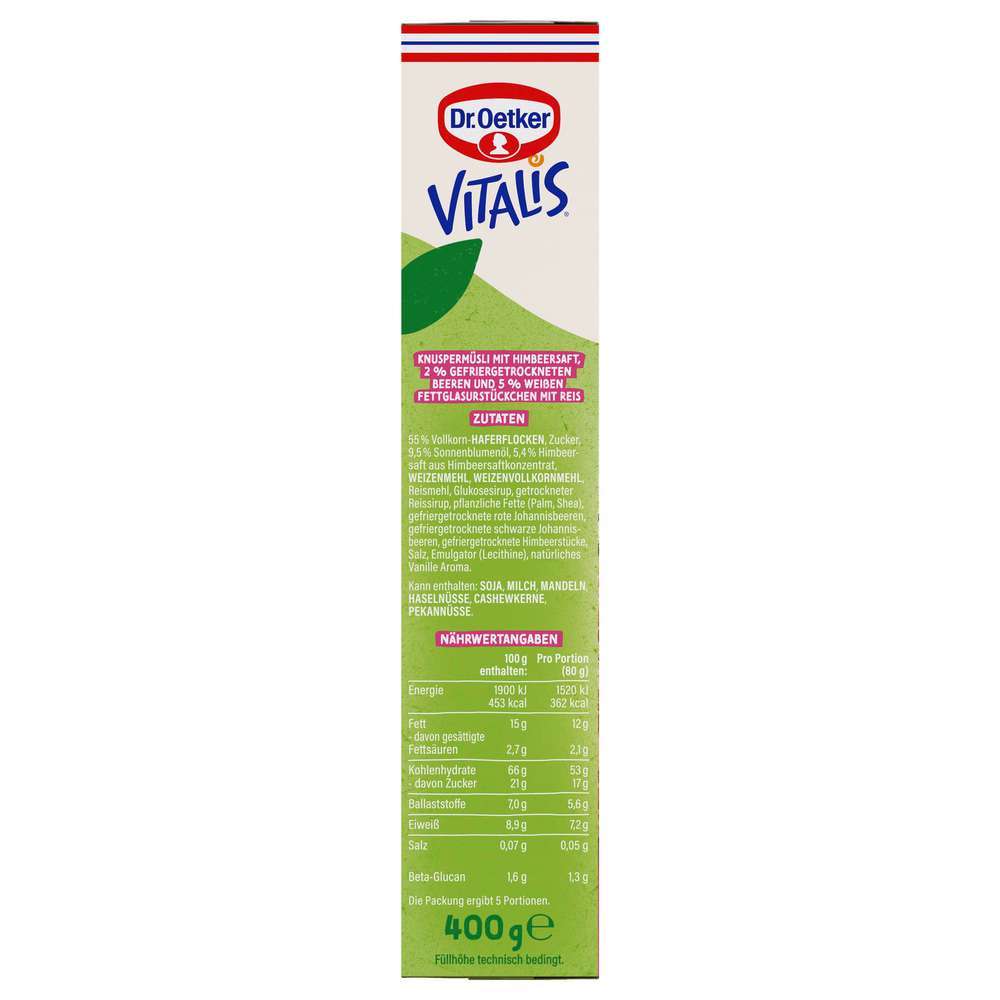 Produktabbildung Dr. Oetker Vitalis Knusper Müsli Vegan, Berry White Choc