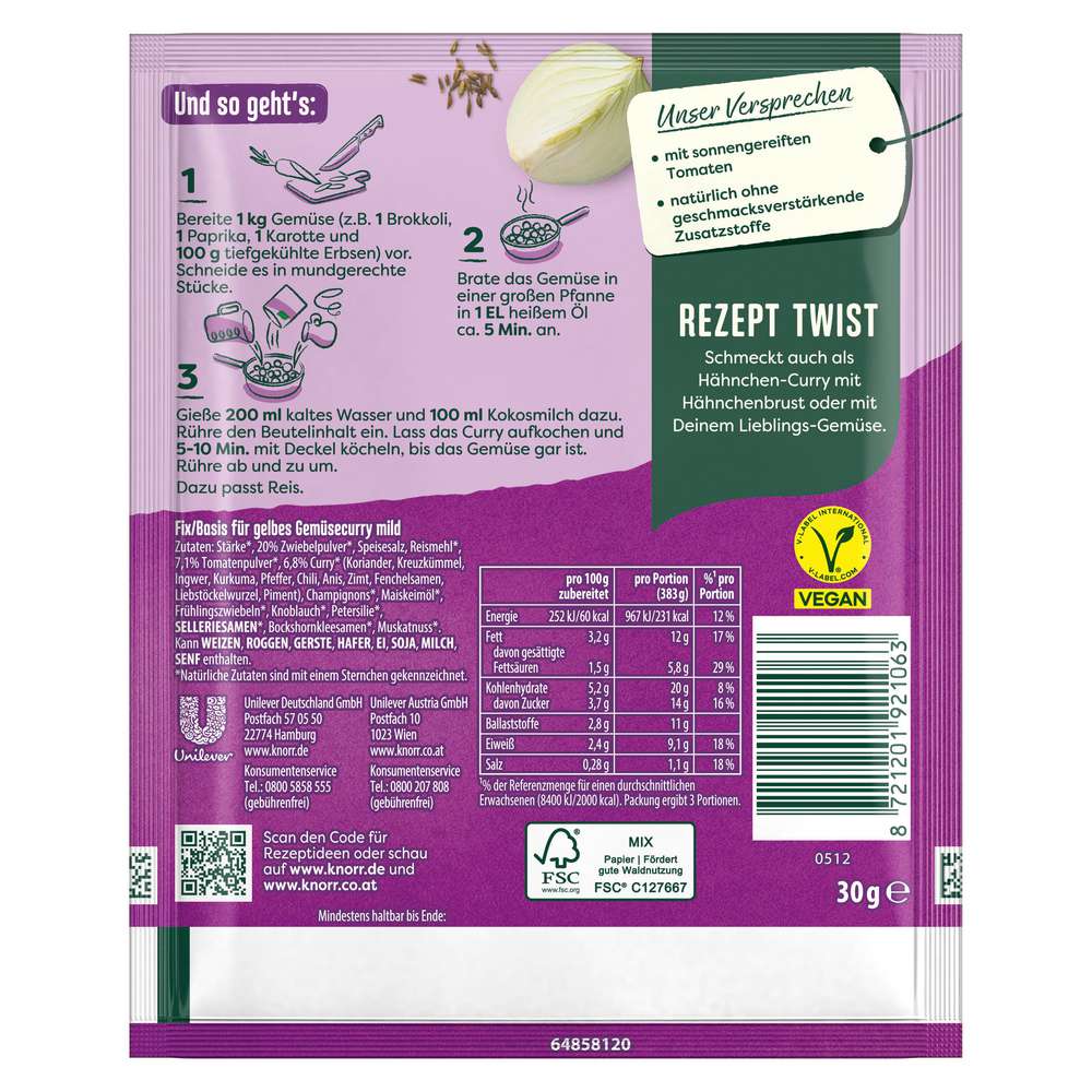 Produktabbildung Knorr Fix-Würzmischung, Gelbes Gemüse-Curry