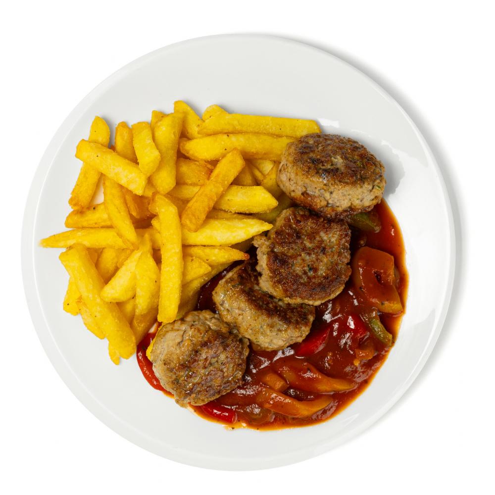 Produktabbildung GLOBUS Tagesgericht Montag: 4 Minifrikadellen mit Paprikasauce und Pommes frites