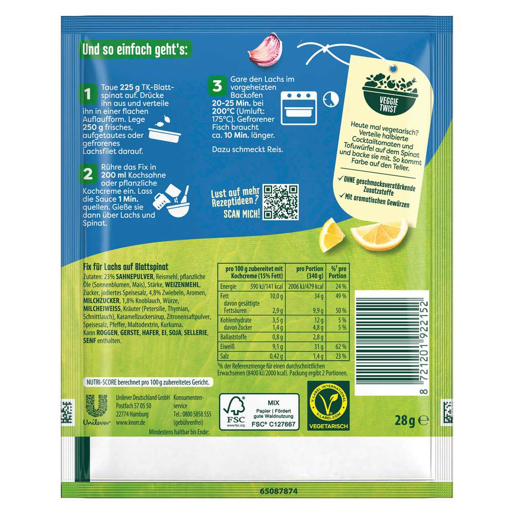 Produktabbildung Knorr Fix Würzmischung Lachs auf Blattspinat