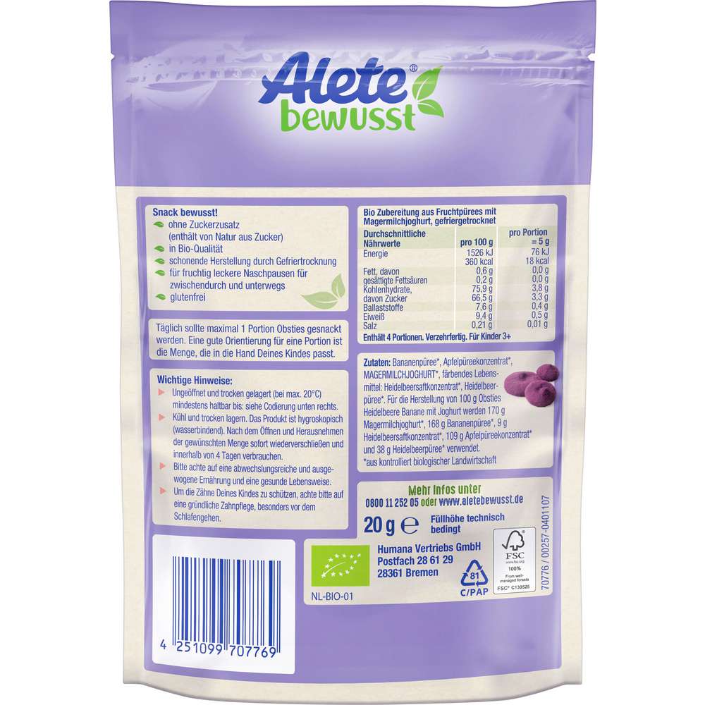 Produktabbildung Alete Obsties Heidelbeere/Banane/Joghurt