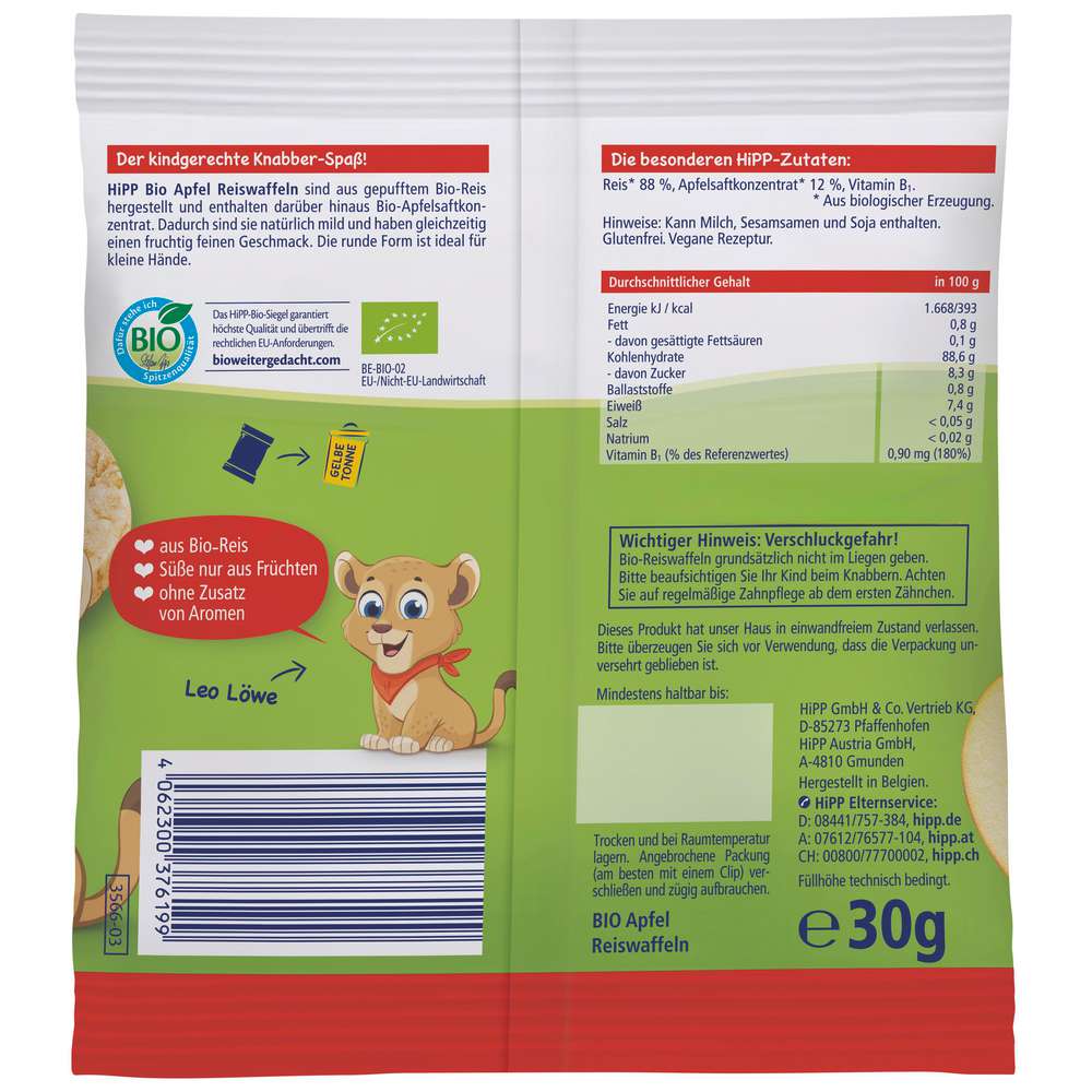 Produktabbildung Hipp Bio Baby Reiswaffeln, Apfel