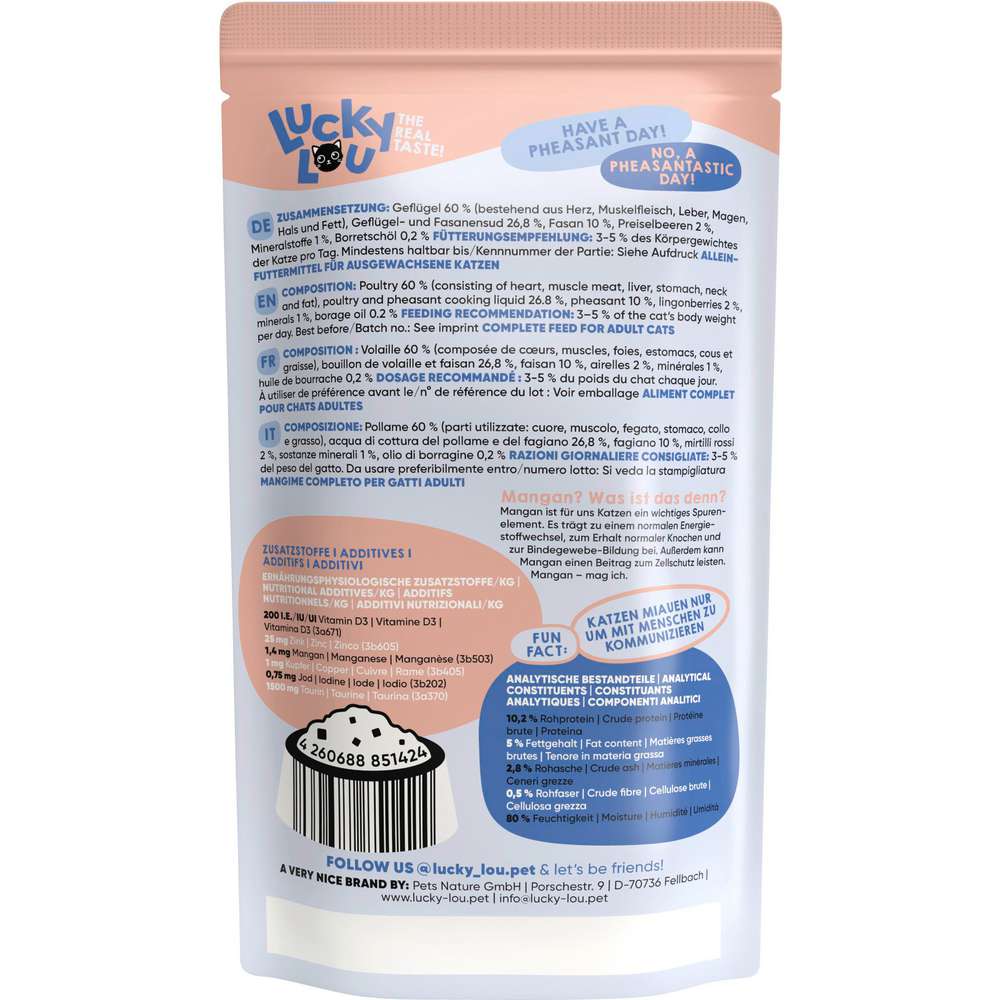 Produktabbildung Lucky Lou Katzen-Nassfutter, Geflügel & Fasan mit Preiselbeeren