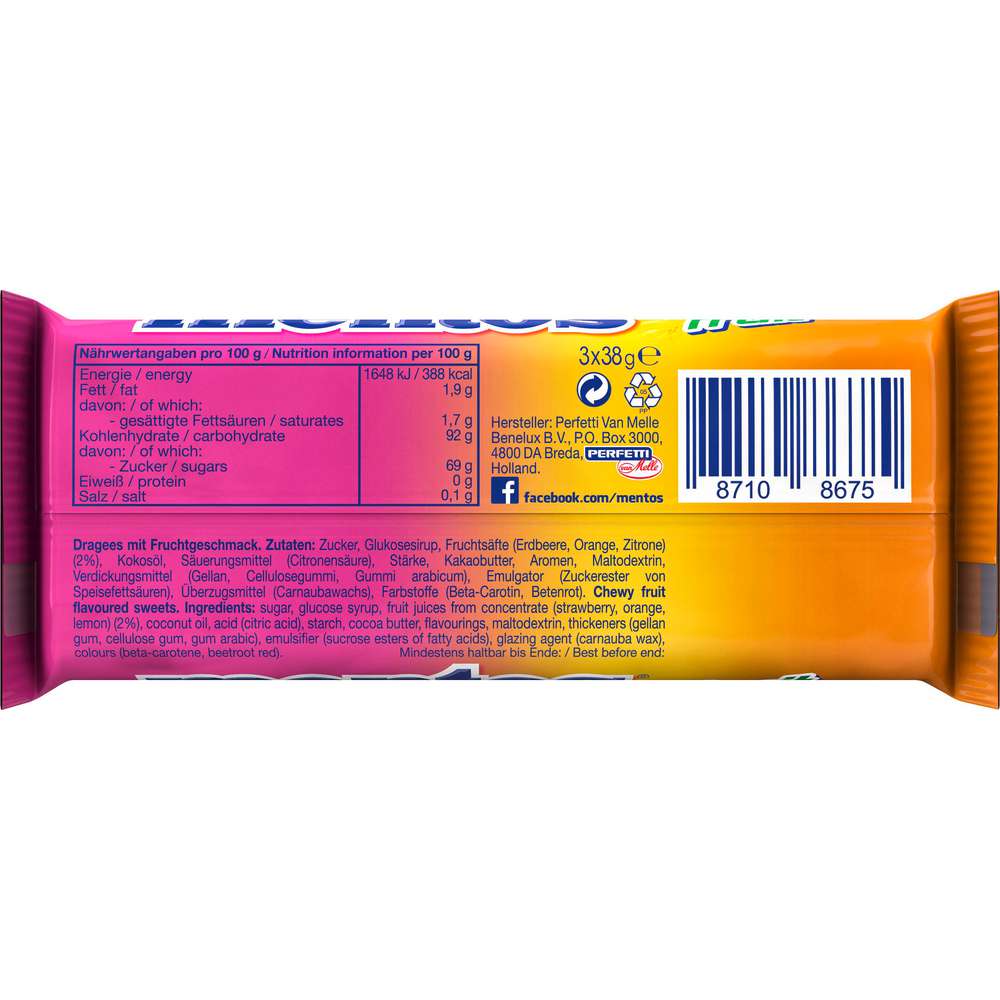 Produktabbildung Mentos Kaubonbons, Frucht (3x 0,038 Kilogramm)