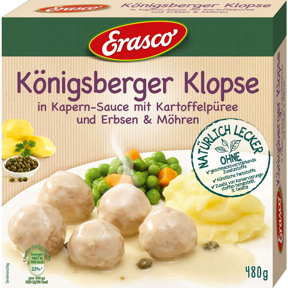 Produktabbildung Erasco Königsberger Klopse in Kapern-Sauce mit Kartoffelpüree, Erbsen & Möhren