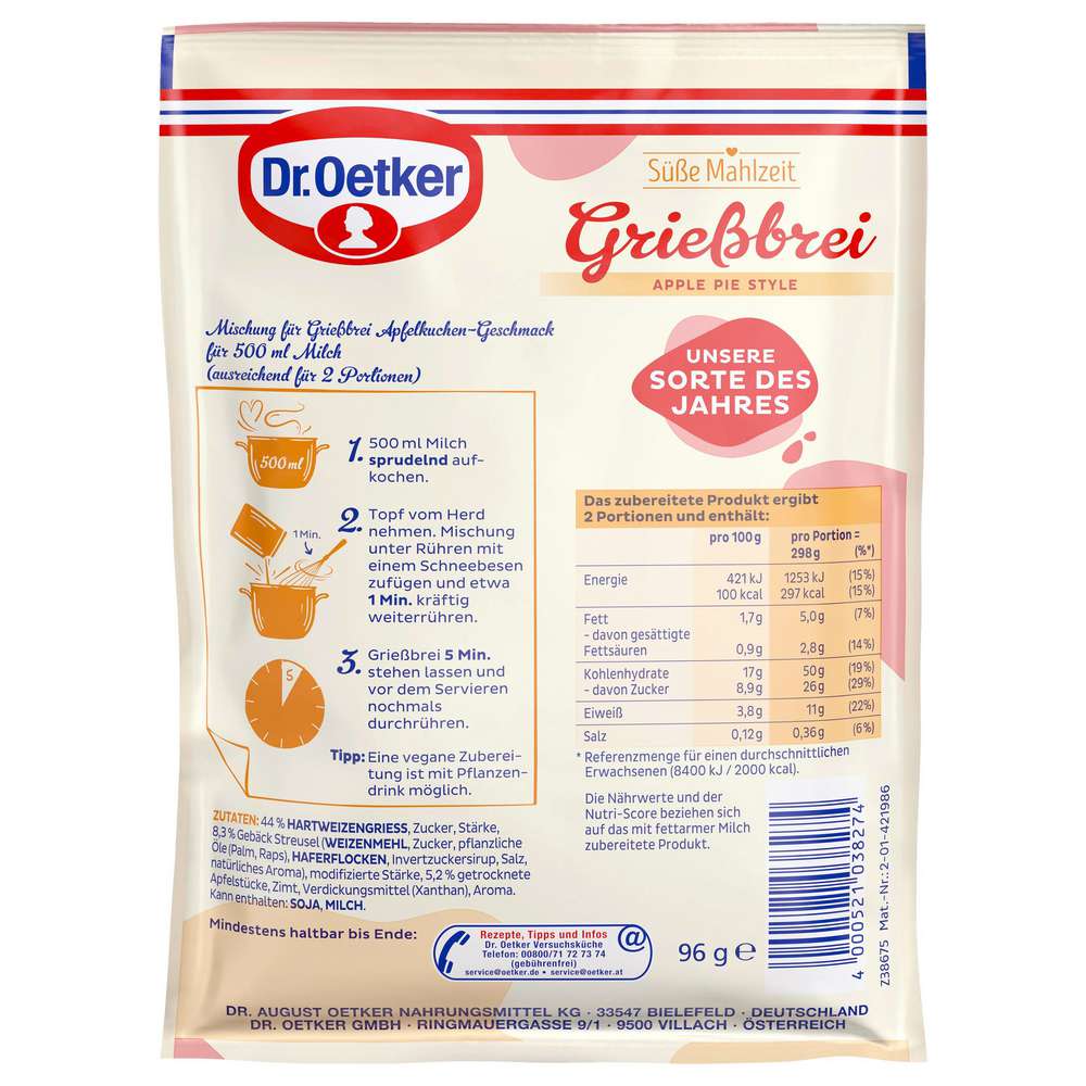 Produktabbildung Dr. Oetker Grießbrei Apple Pie Style