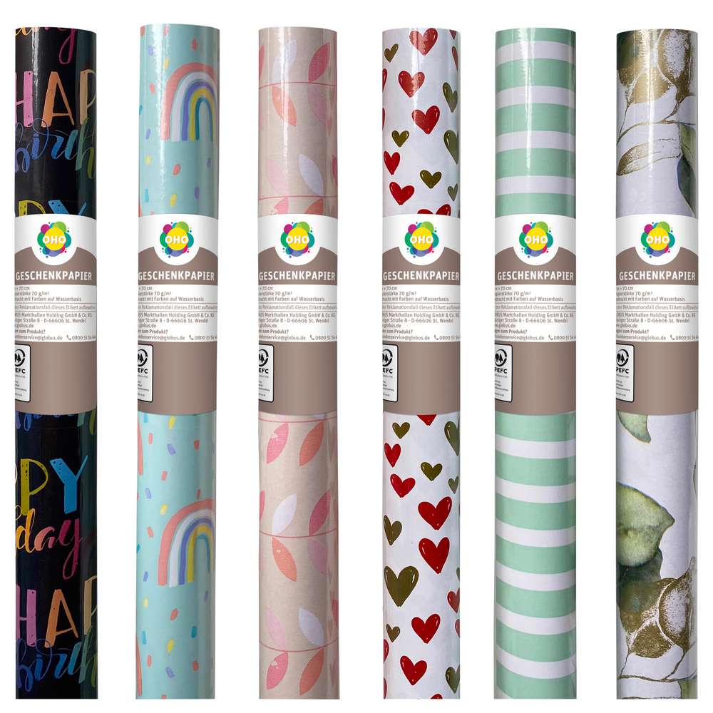 Produktabbildung OHO Geschenkpapier 2m x 70cm, sorttiert