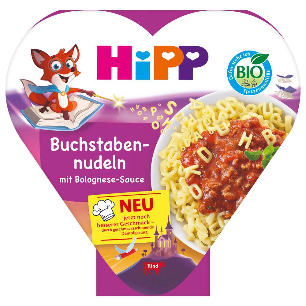 Produktabbildung Hipp Kinder Schalenmenü, Buchstabennudeln mit Bolognese-Sauce