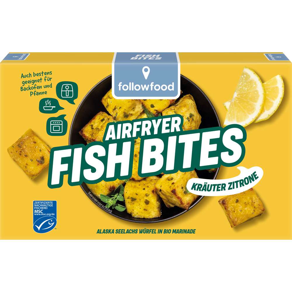 Produktabbildung followfood Airfryer Fish Bites, Kräuter-Zitrone, tiefgekühlt