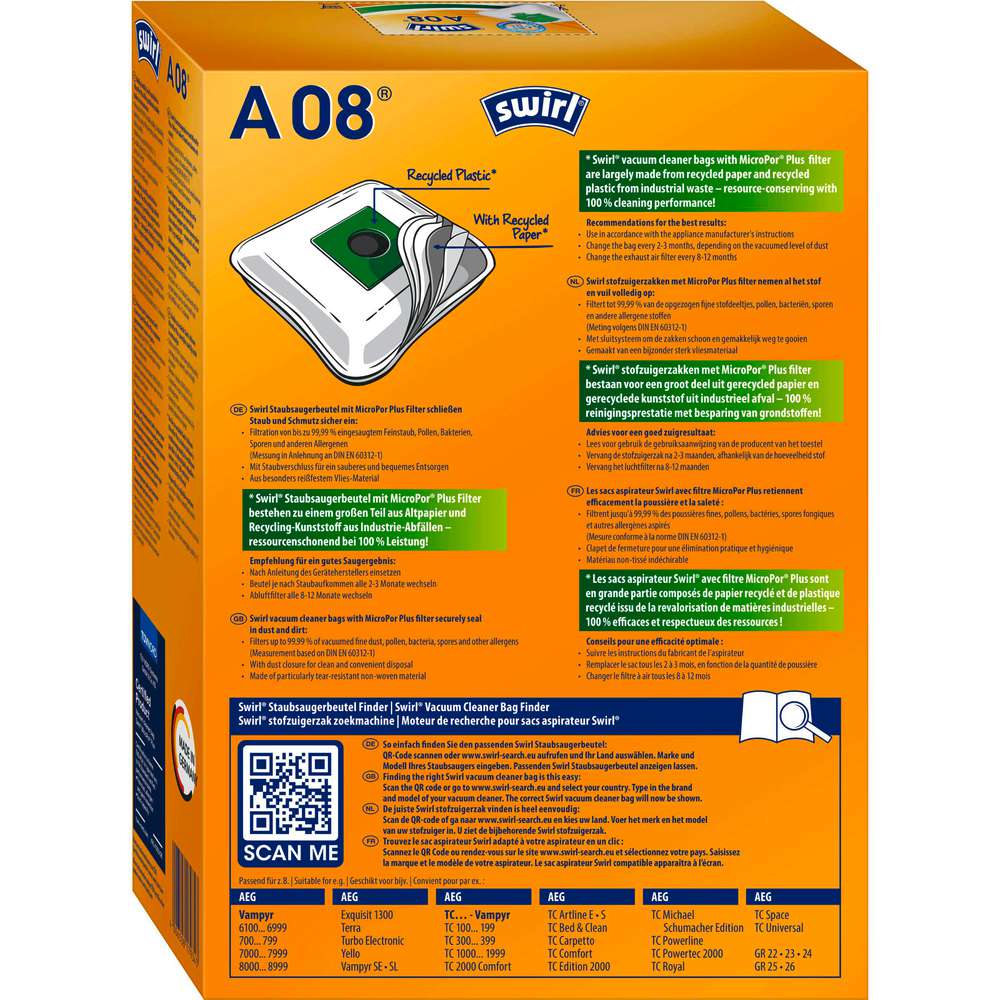 Produktabbildung Swirl Staubsaugerbeutel A 08, safe & clean