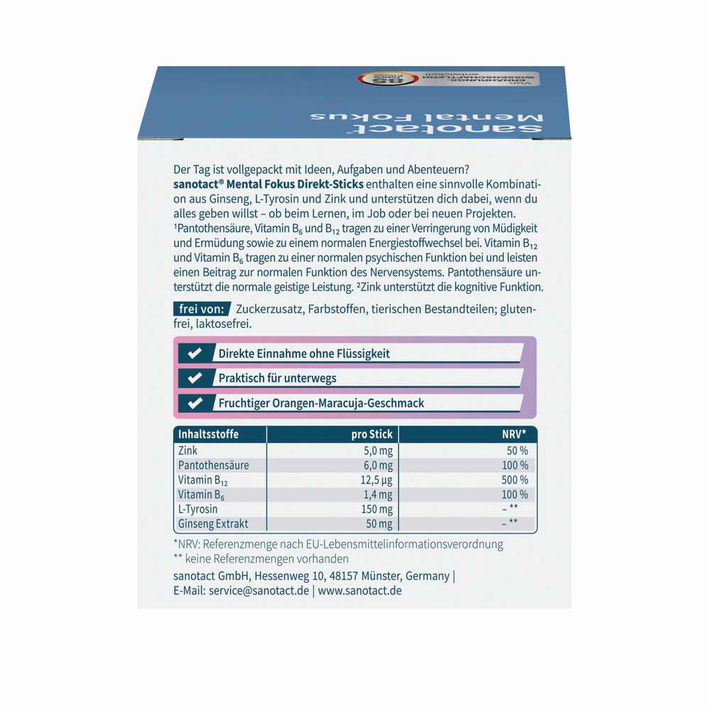 Produktabbildung sanotact Mental Fokus 30 Dirketsticks