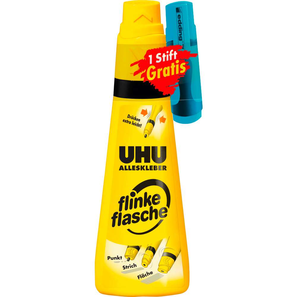 Produktabbildung UHU Flüssigkleber Modul flinke flasche 90g + Textmarker