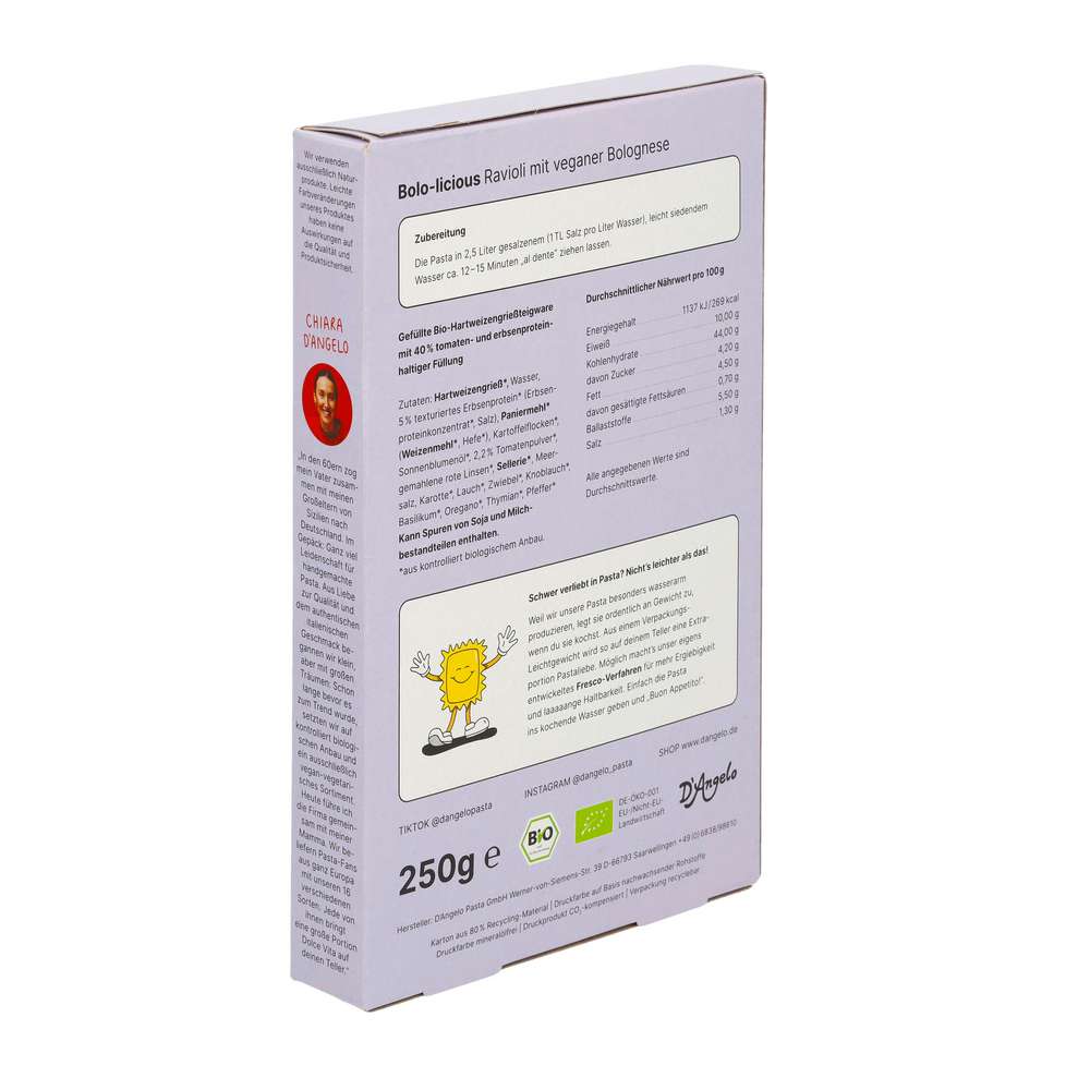 Produktabbildung D'Angelo Vegane Pasta Bolo-licous, Ravioli mit Bolognese