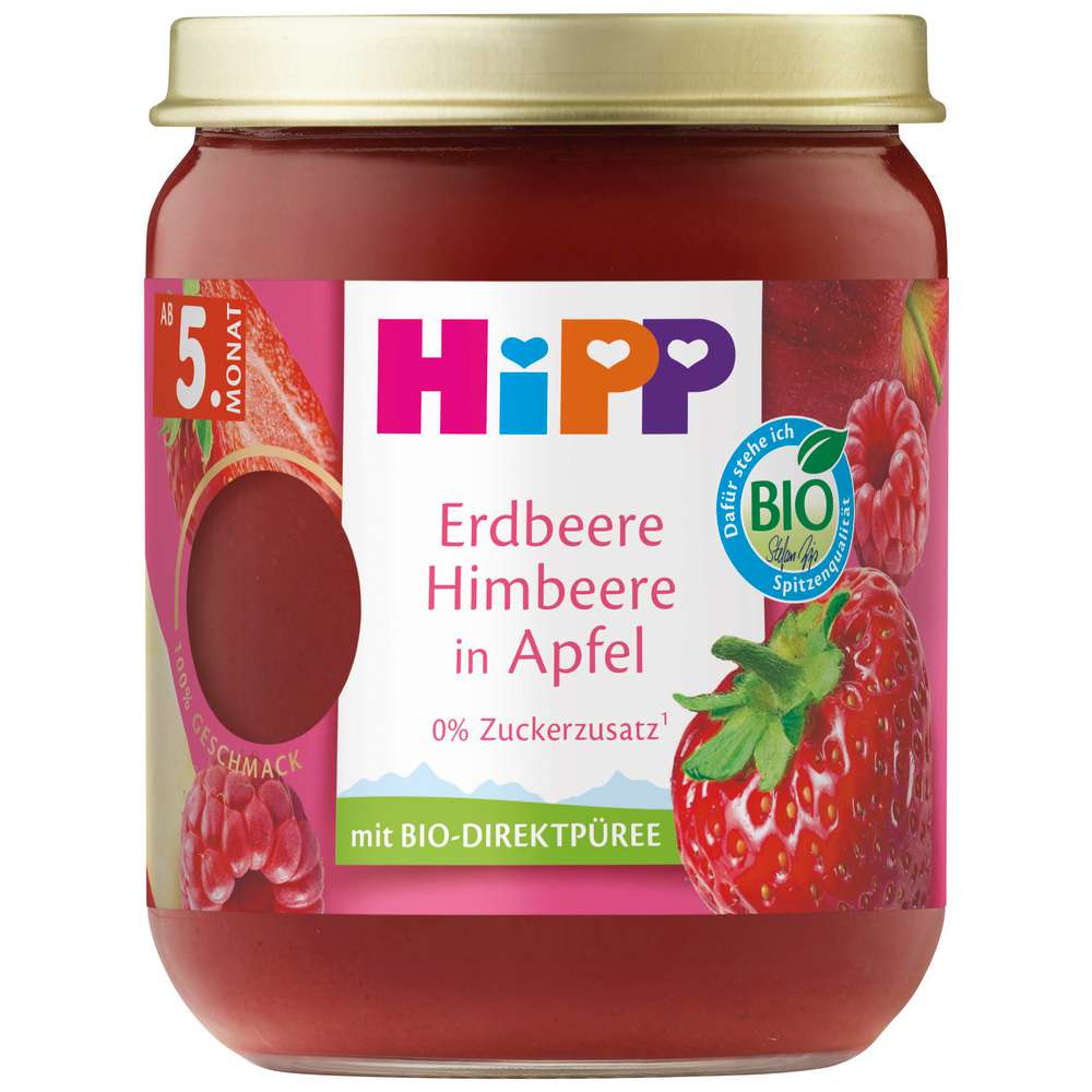 Produktabbildung Hipp Babynahrung Früchtebrei, Erdbeere-Himbeere in Apfel