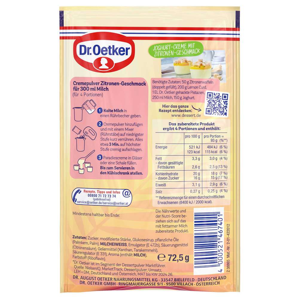 Produktabbildung Dr. Oetker Paradiescreme, Zitrone