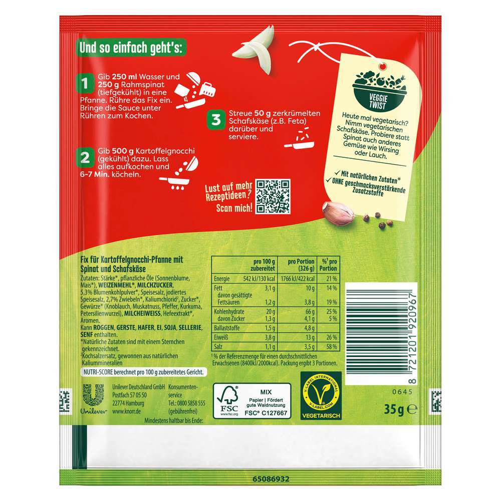 Produktabbildung Knorr Fix-Würzmischung, Gnocchi-Pfanne Spinat-Feta