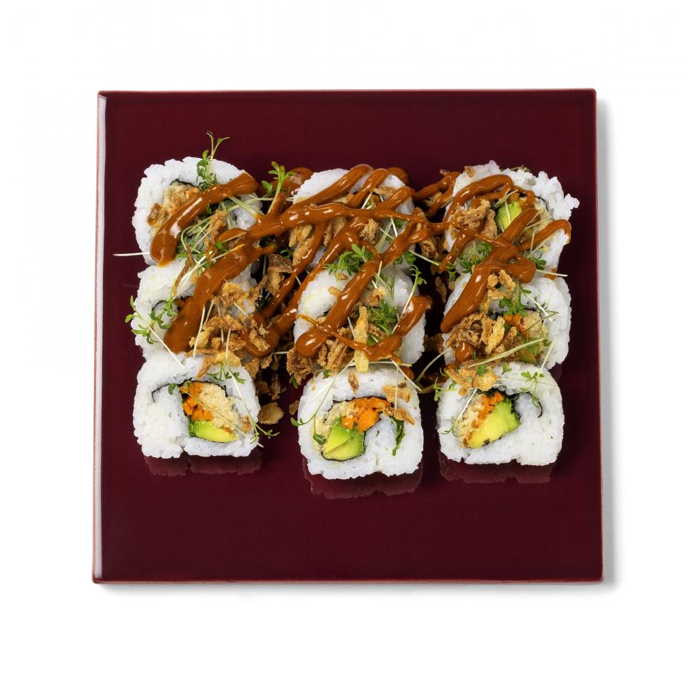 Produktabbildung keine Marke Crunchy Peanut Delight   Sushi Reis, pflanzliche Thuna-farce, Röstzwiebeln, Erdnuss-Dip, Avocado, Karotten und Kresse,, 219 g
