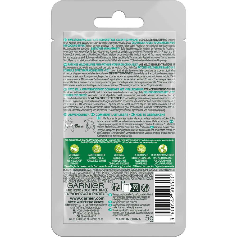 Produktabbildung Garnier Tuchmaske Skin Active, Augen, Hyaluron Cryo Jelly