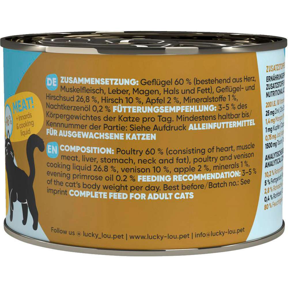 Produktabbildung Lucky Lou Katzen-Nassfutter, Geflügel & Hirsch mit Apfel