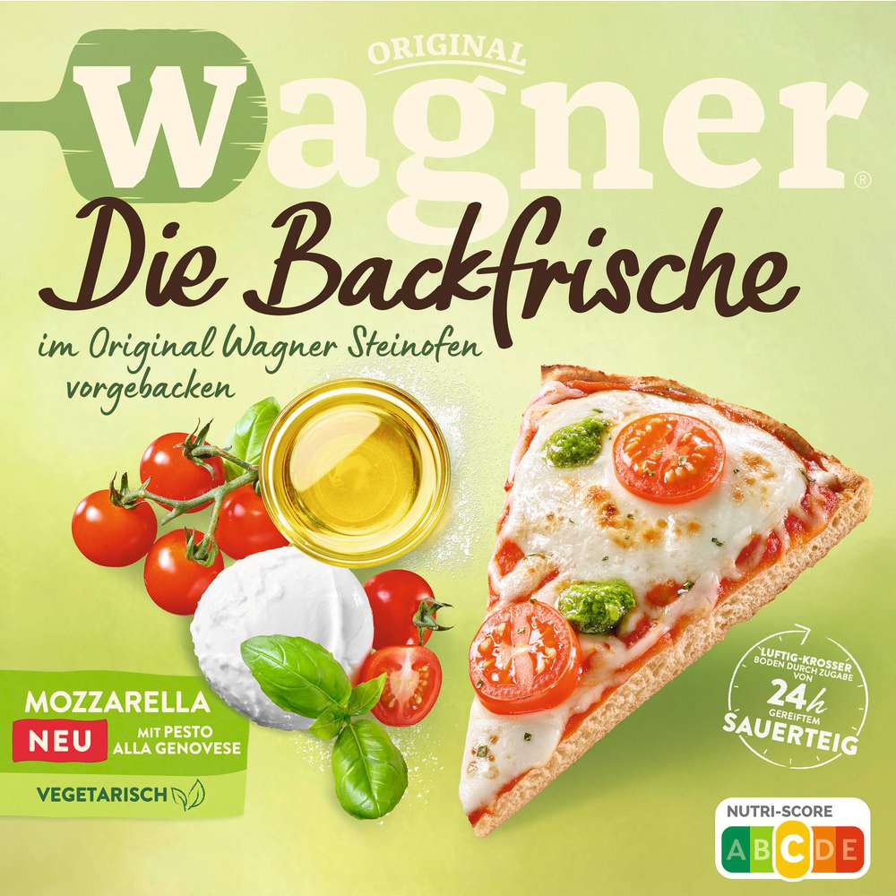Produktabbildung Wagner Die Backfrische Pizza Mozzarella mit Kirschtomaten & Basilikumöl, tiefgekühlt