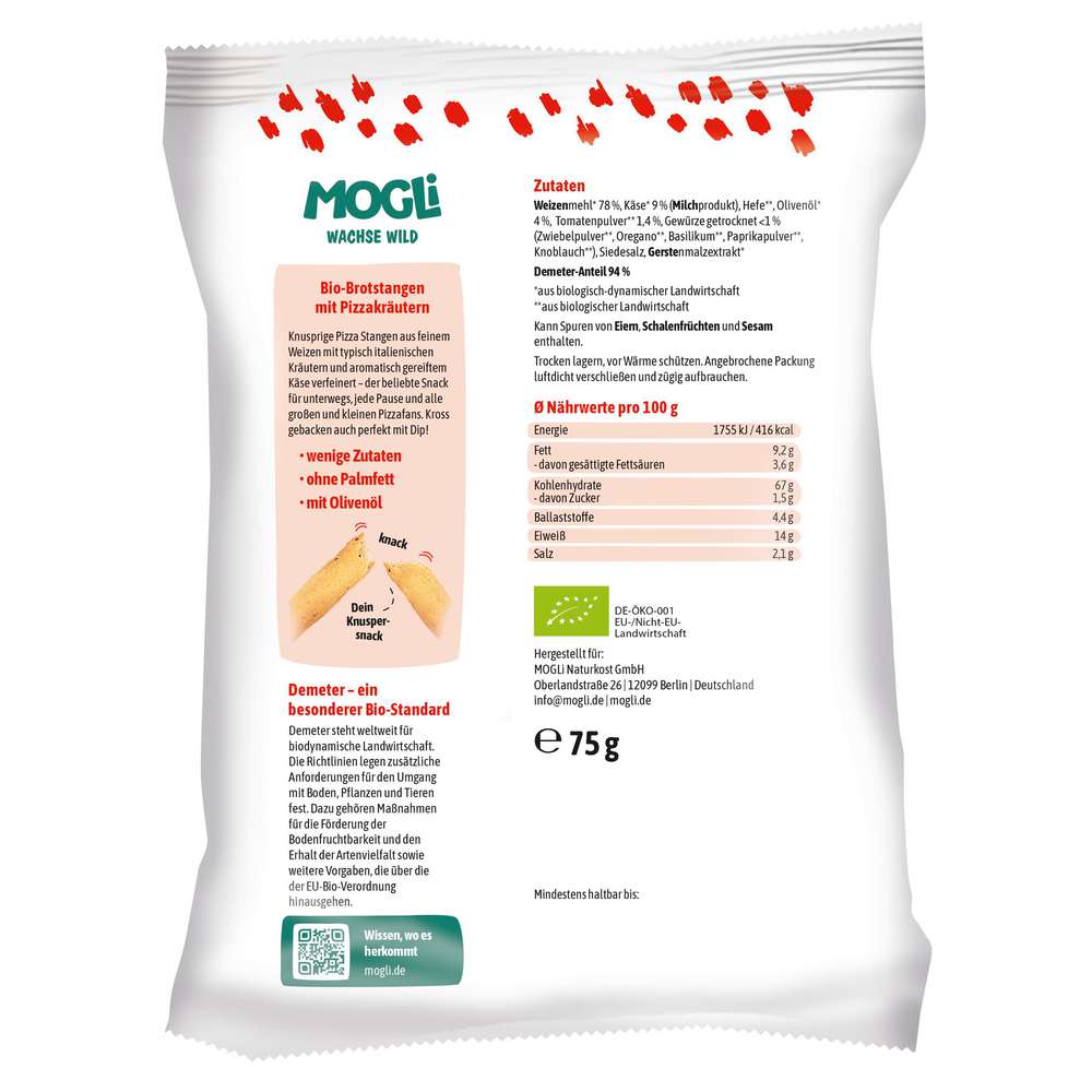 Produktabbildung MOGLi Bio Knabbergebäck, Pizzastangen mit Käse und Olivenöl