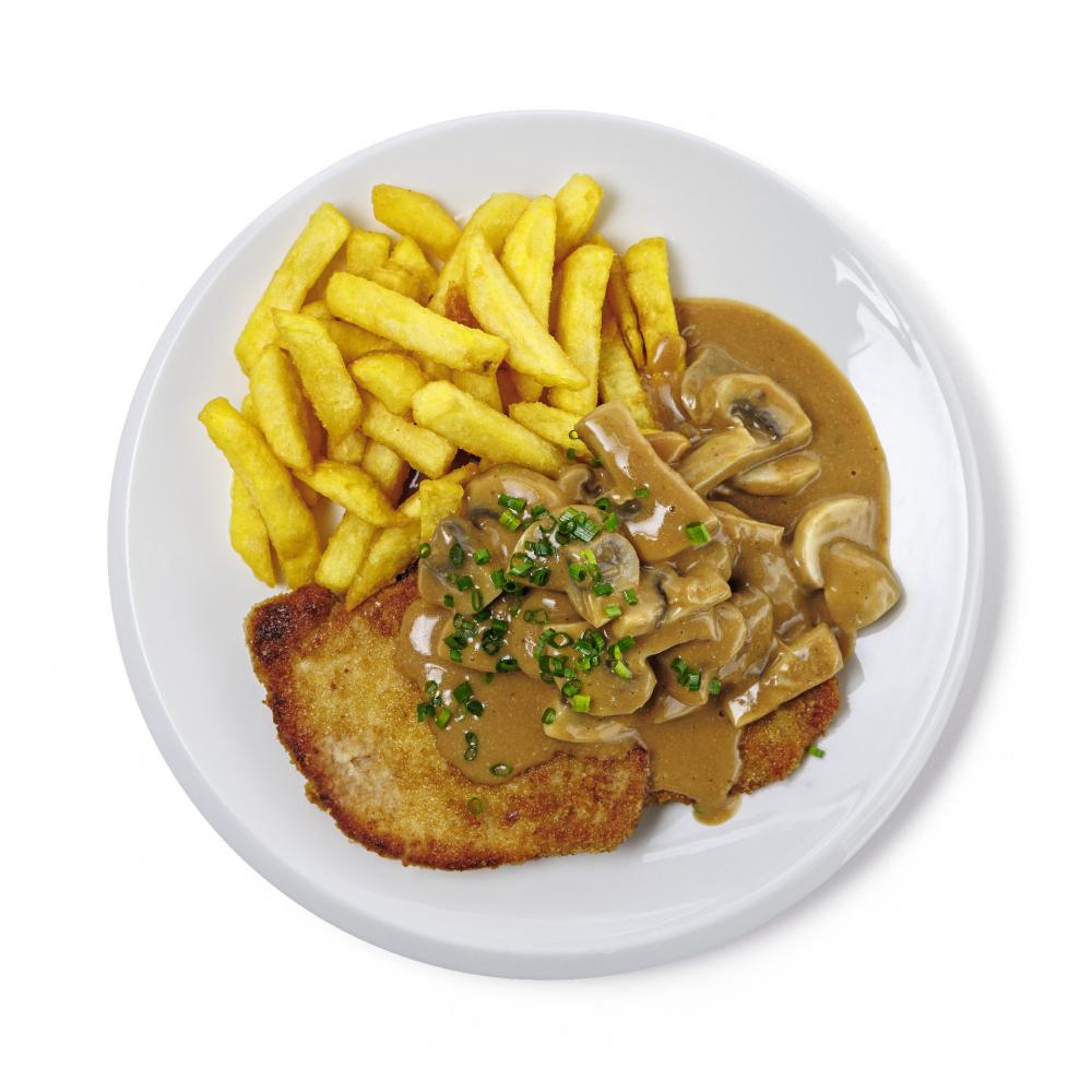Produktabbildung GLOBUS Wochengericht Wochengericht: Globiläumsschnitzel mit Jägersauce, dazu Pommes frites
