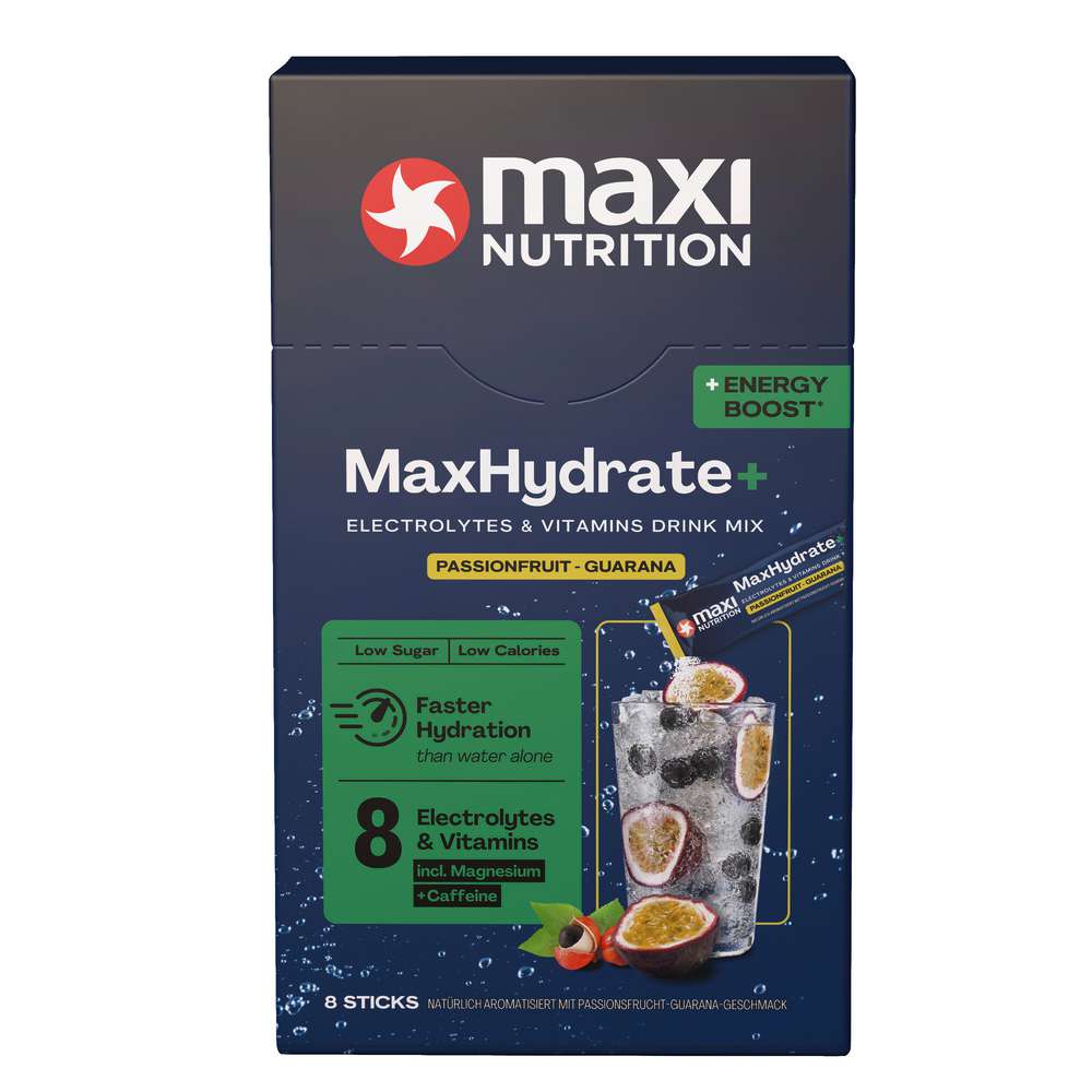 Produktabbildung maxi NUTRITION Drink Mix MaxHydrate+ Energy Passionsfruit-Guarana