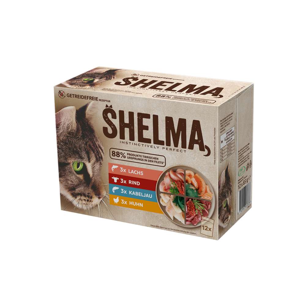 Produktabbildung Shelma Katzen-Nassfutter, Fisch/Rind/Huhn
