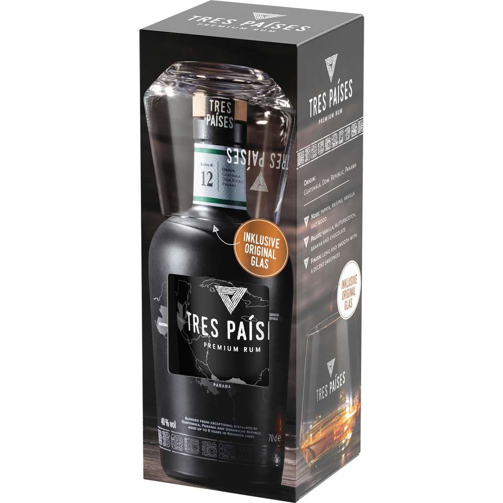 Produktabbildung Tres Países Premium Rum 40 % mit Glas