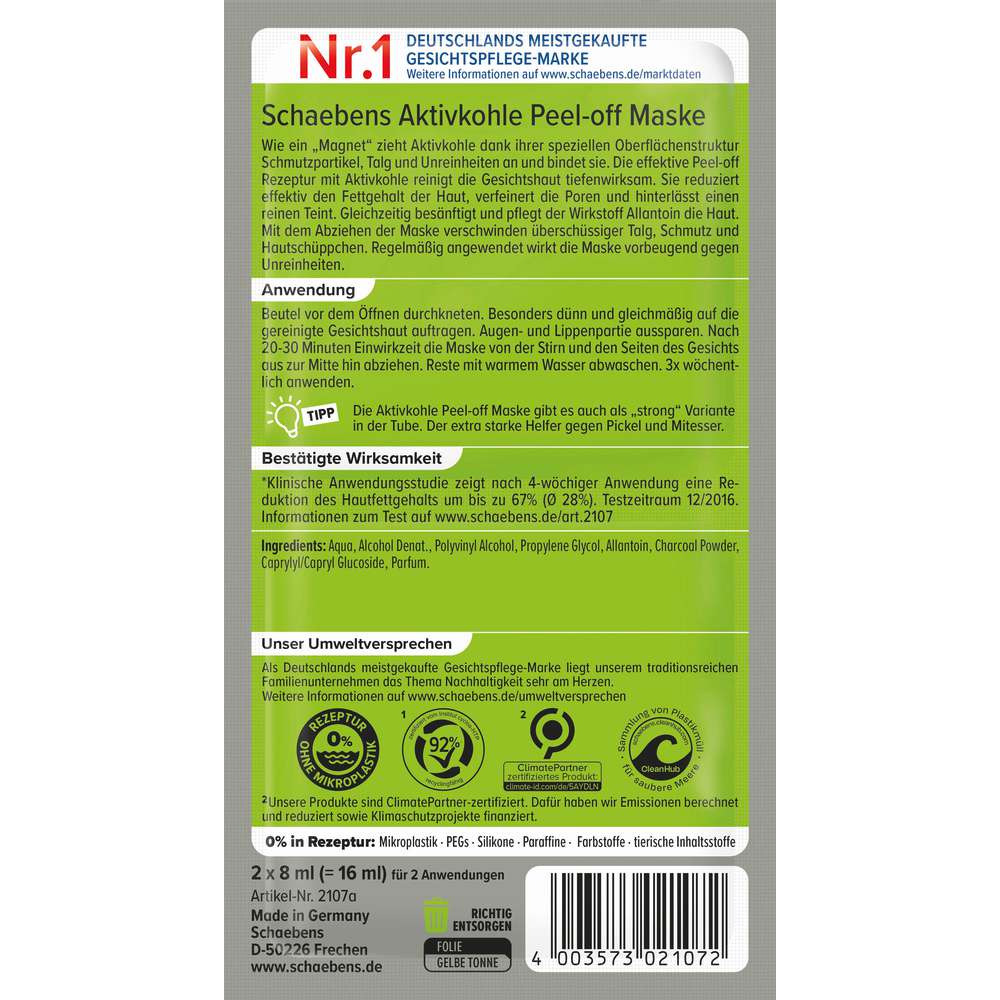 Produktabbildung Schaebens Maske, Aktivkohle Peel off