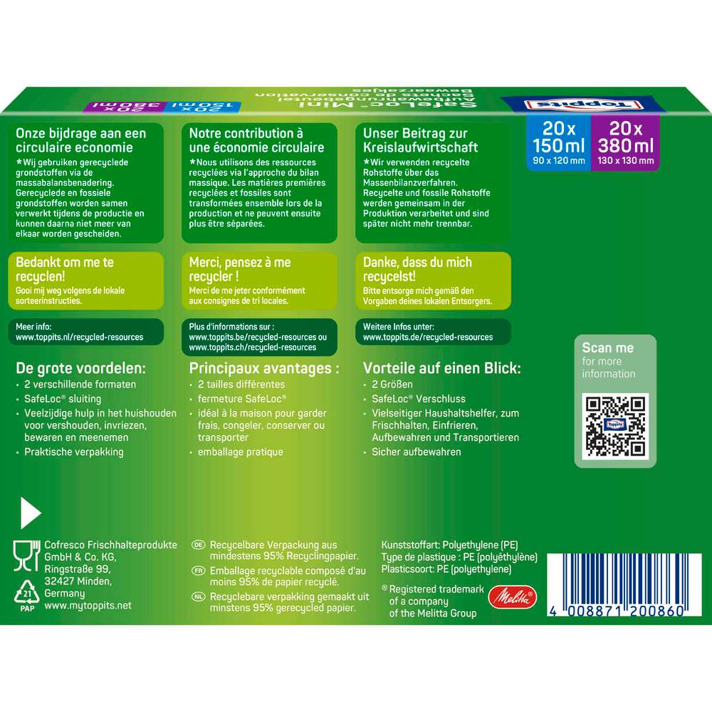 Produktabbildung Toppits Mini Zip-Verschluss-Gefrier-Beutel, 20 x 150ml, 20 x 380ml