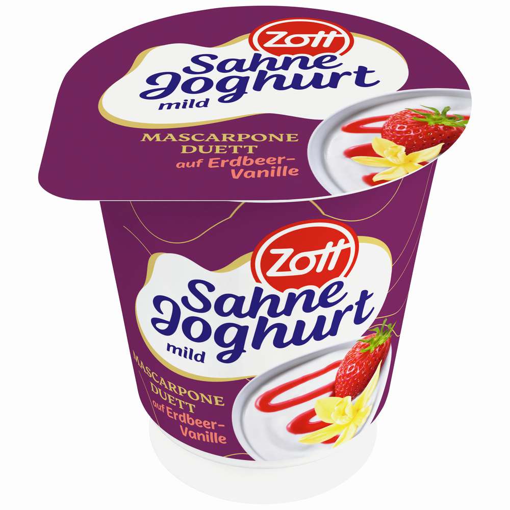 Produktabbildung Zott Sahnejoghurt, Mascarpone Duett auf Erdbeer-Vanille