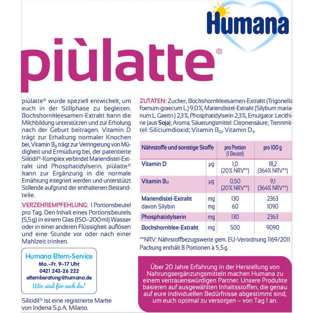 Produktabbildung Humana Piùlatte Nahrungsergänzungsmittel für Stillende