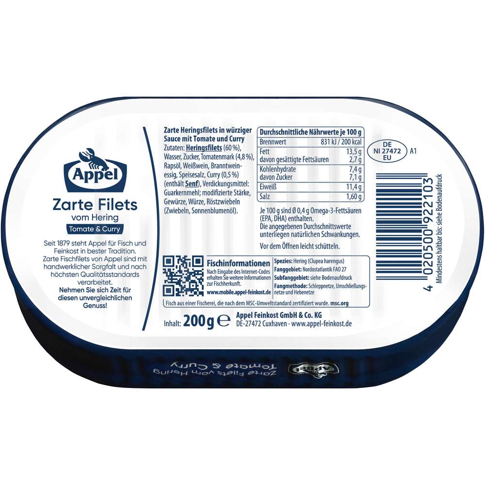 Produktabbildung Appel MSC Heringsfilets in Tomaten-Curry-Soße